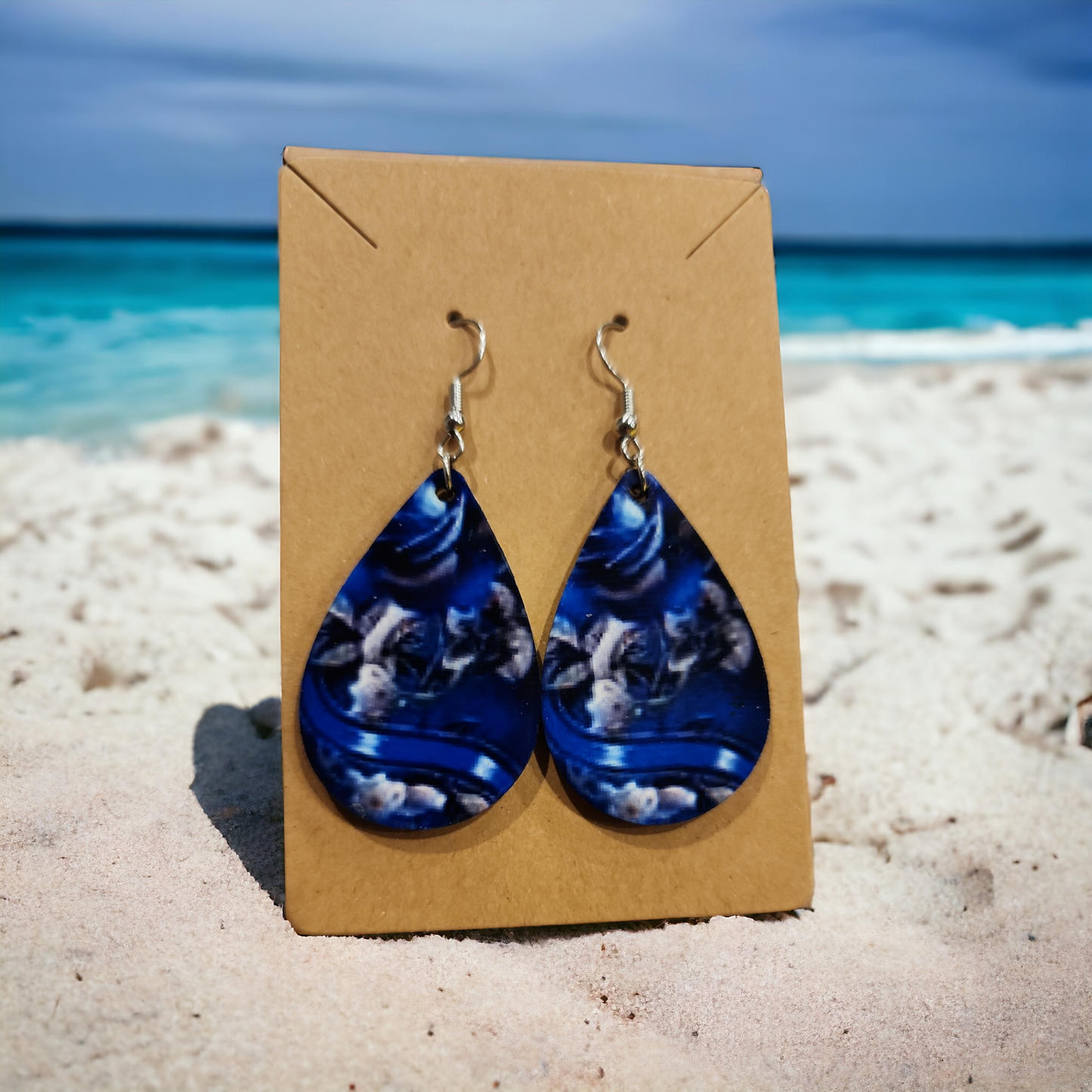 Blue rose with ribbon earrings
