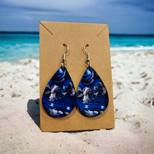 Blue rose with ribbon earrings