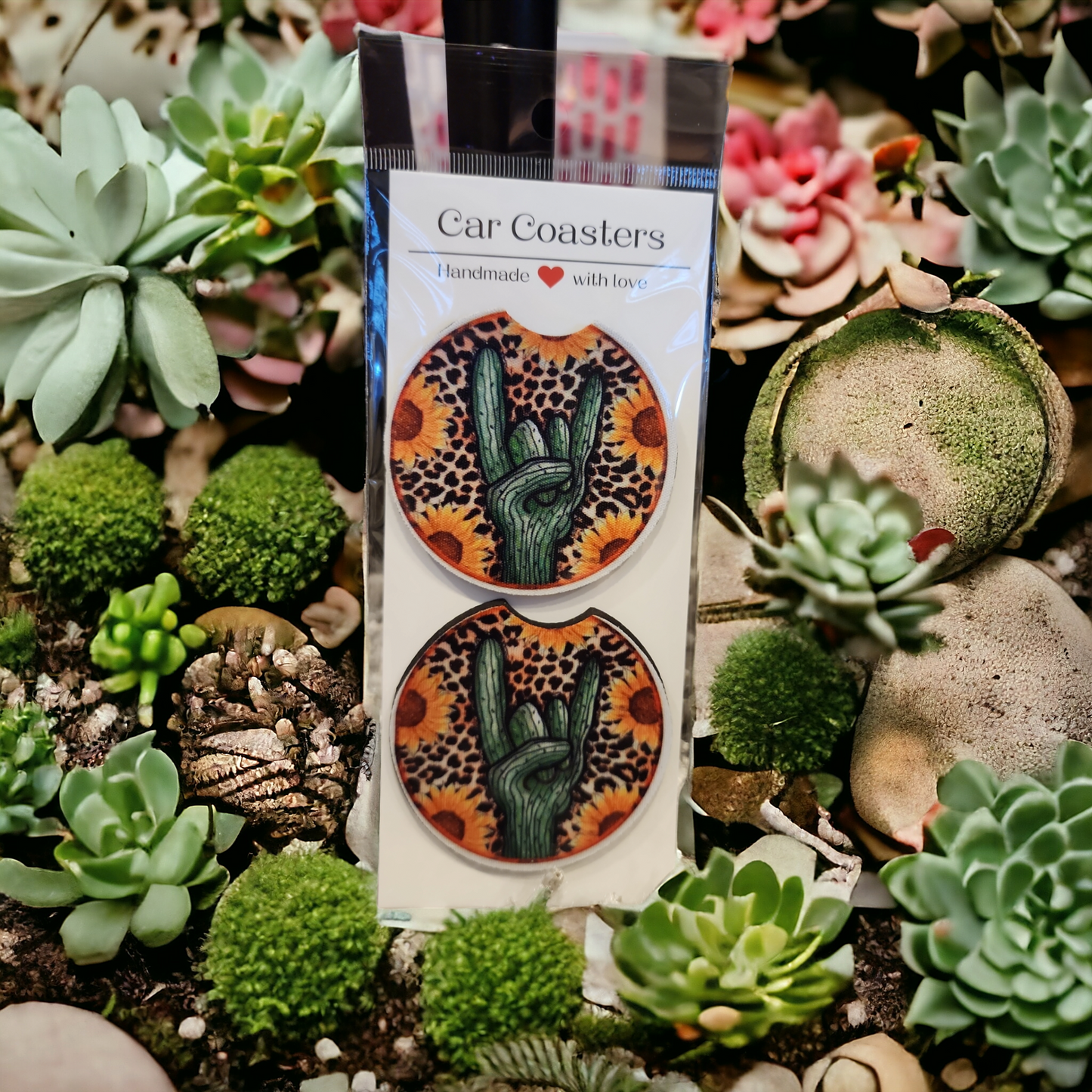 Cactus hand sign car coaster