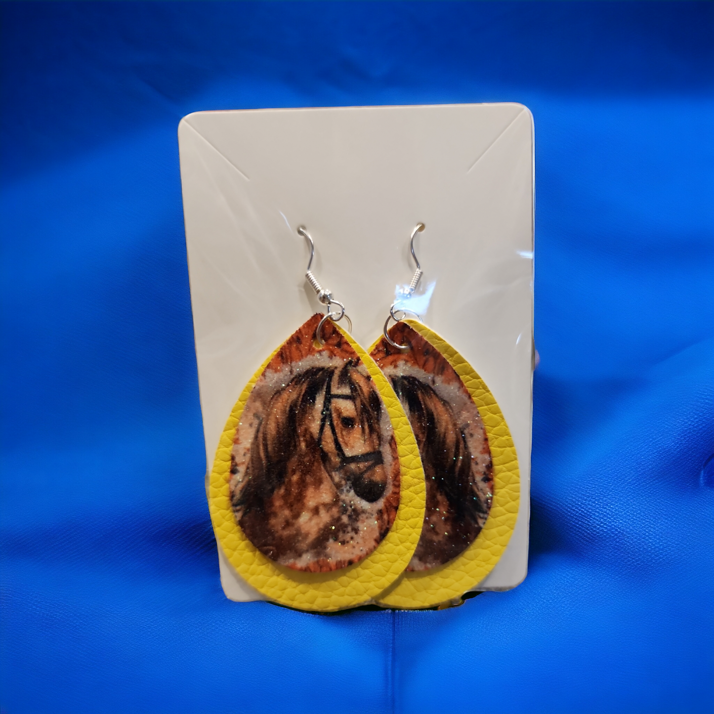 Horse earrings with yellow leather background