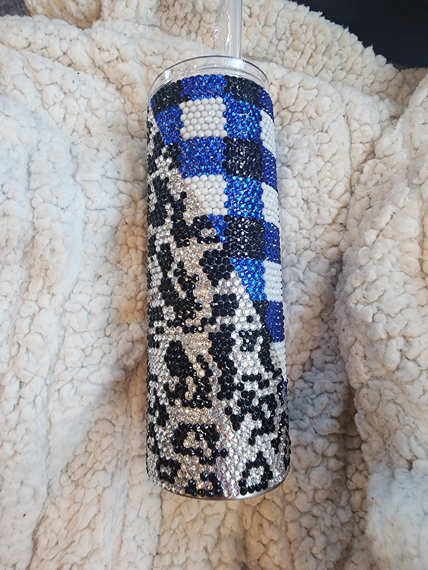 Rhinestone Blue, black and white Buffalo plaid with leopard spots