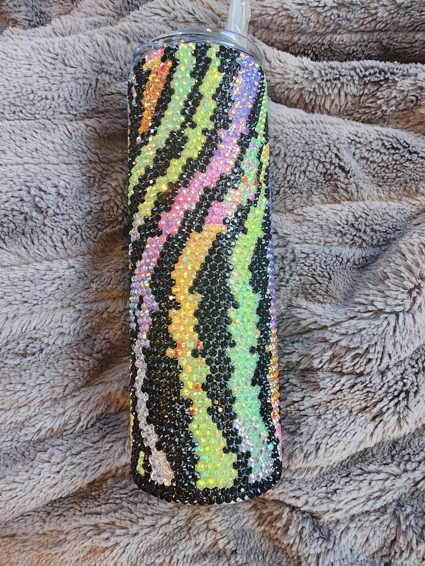 Rainbow Zebra Stiped Rhinestone Tumbler