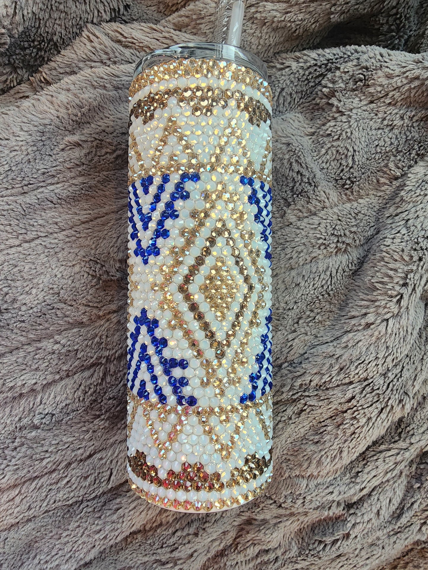 Rhinestone Blue white and gold Aztec style